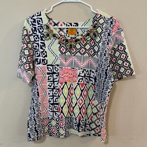 Ruby Rd. Multicolor Geometric Short Sleeve Top